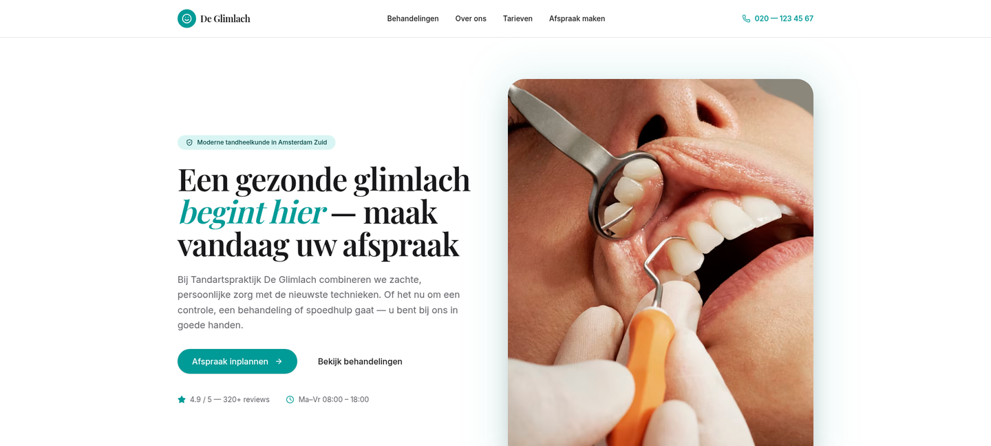 Voorbeeld van een website laten maken voor Tandarts — Tandartspraktijk, gebouwd door Studio Lake