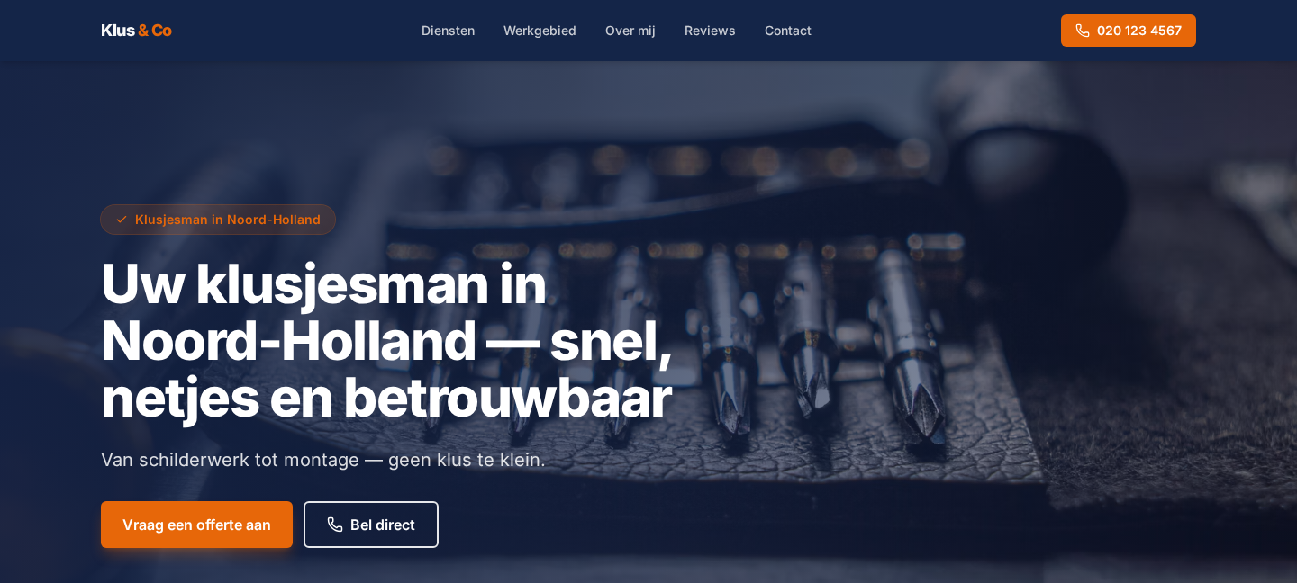 Voorbeeld van een website laten maken voor Klusjesman — Allround klusbedrijf, gebouwd door Studio Lake